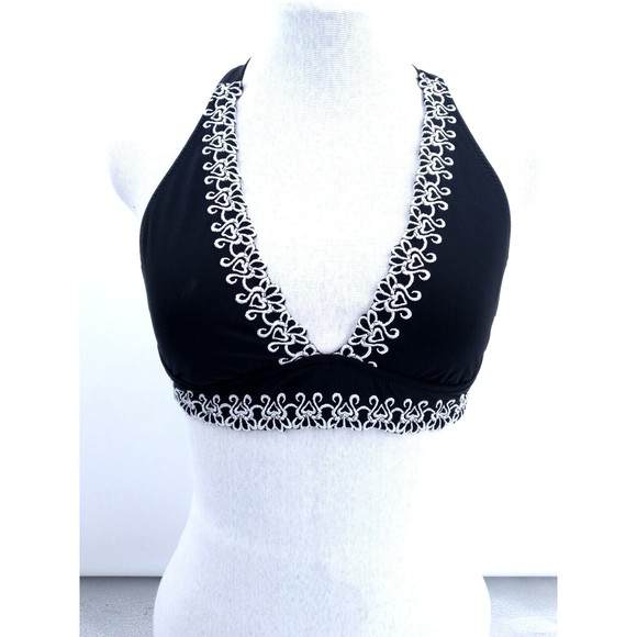 BECCA Other - Becca bikini top black w/white floral embroidery halter neck/back tie M
